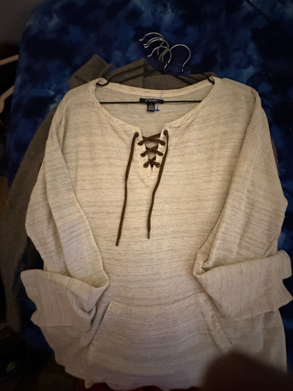 Chaps Cream Lace-Up Scoop-Neck Pullover with Brown Ties